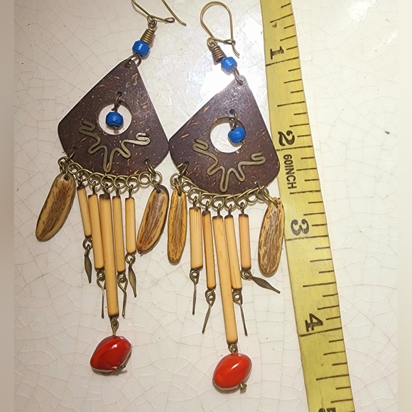 Bohemian Egyptian revival wood, bronze, triangle, blue red bead fringe earrings - Picture 6 of 7